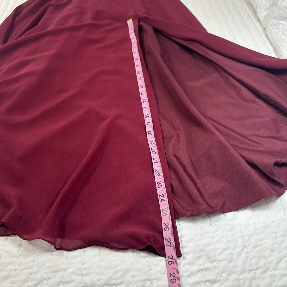 JJ HOUSE Floor Length Bridesmaid Gown in Burgundy With Slit And Low Back Size 0 - Picture 7 of 16